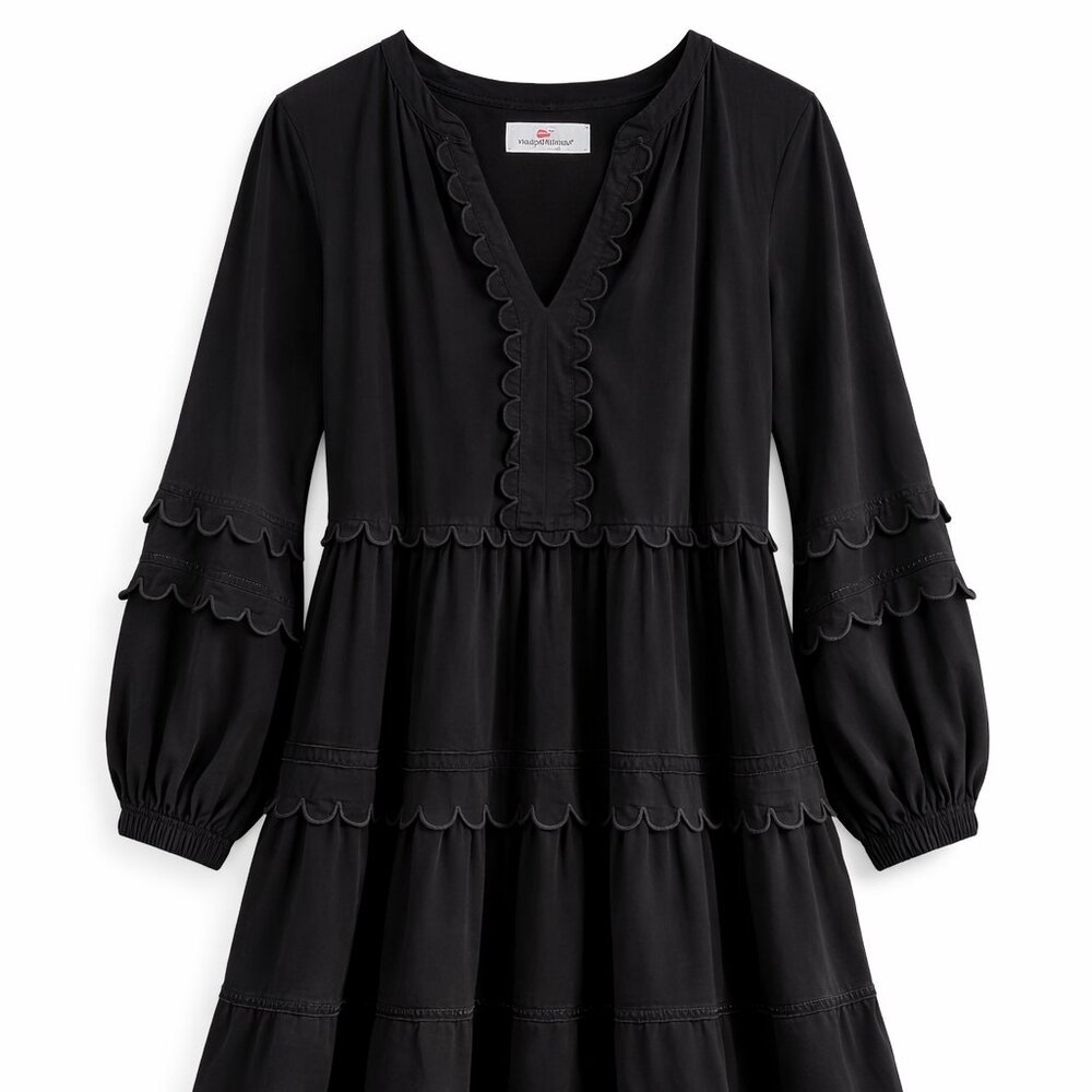 Vineyard Vines Black Scalloped Tiered Dress Size L